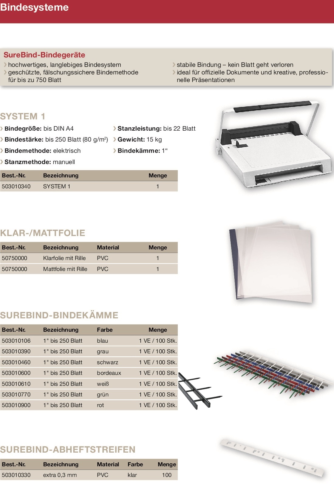 SureBind, Klarfolie mit Rille, Bindekämme, Binding Strips, PVC-Abheftstreifen, SureBind-Geräte, SureBind-one, SureBind-two, SureBind-three, GBC-SureBind